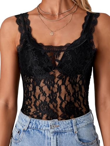 LYANER Damen-Top mit floraler Spitze, Spaghettiträger, ärmellos, durchsichtig, Tank-Top, Bluse, Schwarz, X-Klein von LYANER