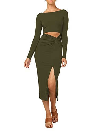 LYANER Damen U-Ausschnitt Cut Out Langarm Split Hem Bodycon Midikleid, Grün (Army Green), Mittel von LYANER