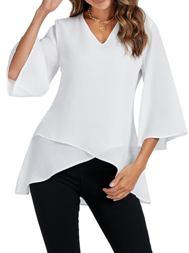 LYANER Damen V-Ausschnitt Asymmetrischer Saum Glocke Langarm Swing Chiffon Bluse Shirt Tops, Weiss/opulenter Garten, X-Klein von LYANER