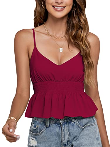 LYANER Damen V-Ausschnitt Elastische Taille Plissee Rüschen Saum Ärmellos Träger Crop Cami Top, Burgunder, Klein von LYANER