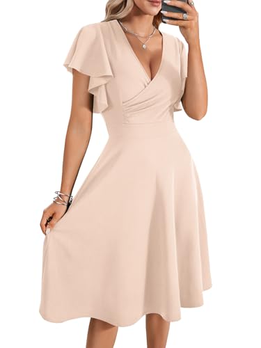 LYANER Damen Warp V Ausschnitt Rüschen Kurzarm A Linie Swing Ausgestellt Cocktail Party Midi Kleid, Beige Solid, X-Groß von LYANER