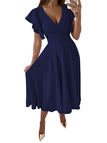 LYANER Damen Warp V Ausschnitt Rüschen Kurzarm A Linie Swing Ausgestellt Cocktail Party Midi Kleid, Marineblau, XX-Large von LYANER