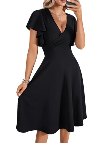 LYANER Damen Warp V Ausschnitt Rüschen Kurzarm A Linie Swing Ausgestellt Cocktail Party Midi Kleid, Schwarz einfarbig, XX-Large von LYANER