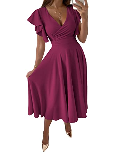 LYANER Damen Warp V Ausschnitt Rüschen Kurzarm A Linie Swing Flared Cocktail Party Midi Kleid, Magenta, XX-Large von LYANER