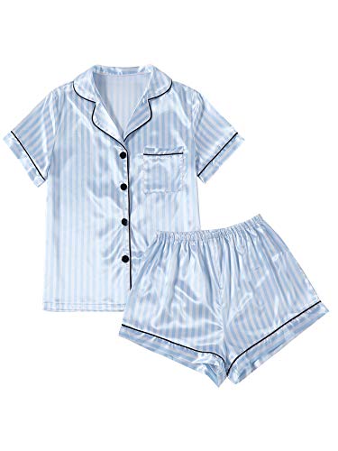 LYANER Damen gestreifter Seidiger Satin Pyjama Kurzarm Top mit Shorts Nachtwäsche PJ Set, Hell, blau, XS von LYANER