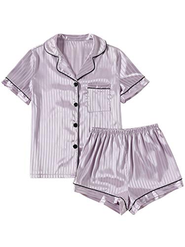 LYANER Damen gestreifter Seidiger Satin Pyjama Kurzarm Top mit Shorts Nachtwäsche PJ Set, Hellviolett #2, L von LYANER