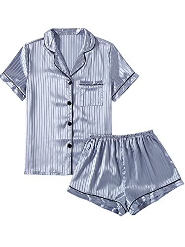 LYANER Damen gestreifter Seidiger Satin Pyjama Kurzarm Top mit Shorts Nachtwäsche PJ Set, Silberblau #2, XS von LYANER