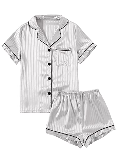 LYANER Damen gestreifter Seidiger Satin Pyjama Kurzarm Top mit Shorts Nachtwäsche PJ Set, Weiß#2, XS von LYANER