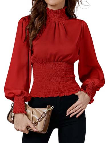 LYANER Damenbluse mit Rüschen, Stehkragen, gesmokter Puff, langärmelig, Rot/Ausflug, einfarbig (Getaway Solids), X-Groß von LYANER