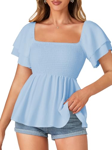LYANER Damenbluse mit quadratischem Ausschnitt, gesmoktes Schößchen, gerüscht, kurze Ärmel, Babydoll, gerafft, Babyblau, XX-Large von LYANER