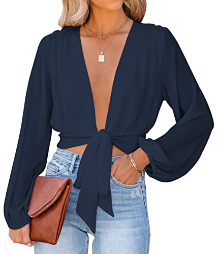 LYANER Damenbluse mit tiefem V-Ausschnitt, lange Ärmel, zum Binden vorne, sexy Wickel-Top, Marineblau, X-Klein LYANER Damenbluse mit tiefem V-Ausschnitt, lange Ärmel, zum Binden vorne, sexy Wickel-Top, Marineblau, X-Klein von LYANER