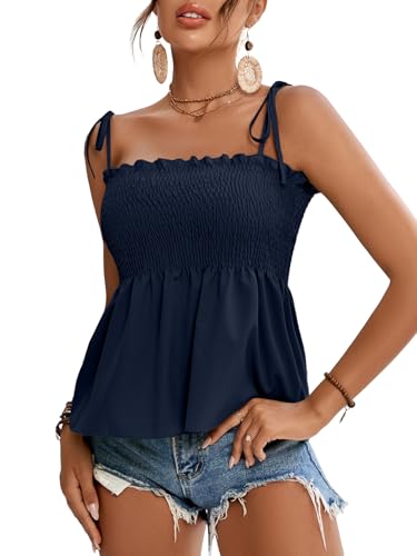 LYANER Frauen Krawatte Schulter Rüschen Rüschen Saum ärmellos Strappy Cami Bluse Schößchen Top, Marineblau, X-Klein von LYANER