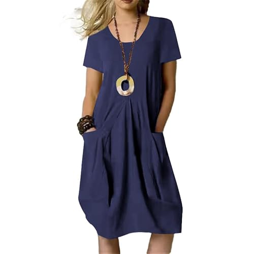 LYANER Lässiges Damen-Midikleid mit Rundhalsausschnitt, kurze Ärmel, lockere Passform, mit Tasche, Marineblau, XX-Large von LYANER