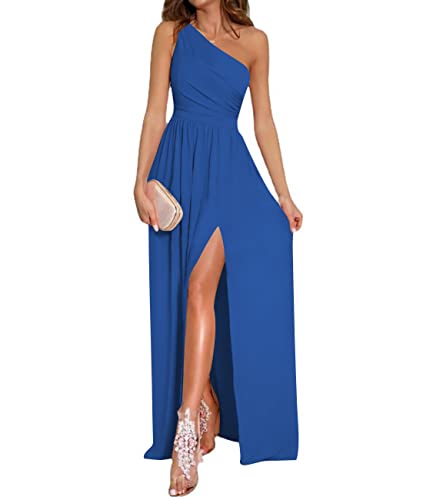 LYANER Maxikleid für Damen, einschultrig, ärmellos, gerüscht, sexy Cocktailkleid, Maxi-Kleid, Solides Königsblau, X-Klein von LYANER