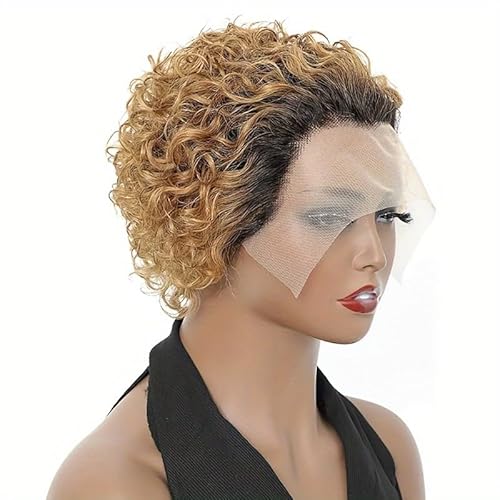 Kurze Pixie Schnitt Perücken für schwarze Frauen, 15,2 cm kurze Pixie-Perücke, 13 x 1 Spitzen-Pixie-Lockenperücke aus Echthaar, tägliche Verwendung for Partys und Cosplay.(Gradient gold) von LYBQFZ