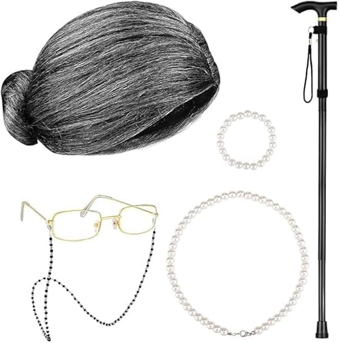 6 Stück Oma Kostüm Set Damen, Perücke Set mit Dutt, Brille mit Kette, Gehstock, Perlenkette & Armband, Omi Verkleidung für Fasching Karneval Motto Party Senioren Outfit von LYCN