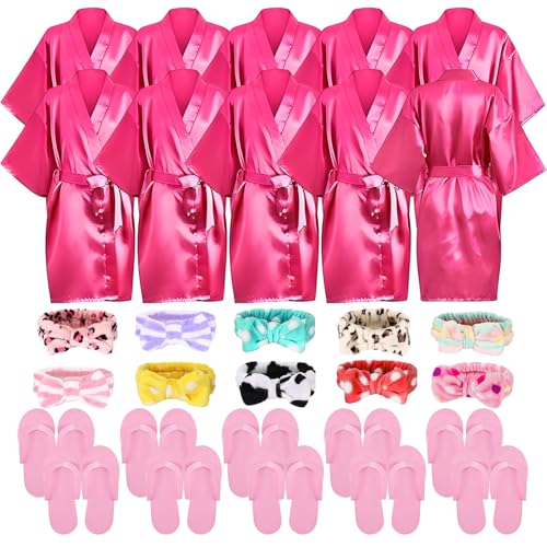 LYCN 10er Set Mädchen Satin Bademäntel, Kimono Robe Set mit 10 Stirnbändern und 10 EVA Hausschuhen Kinder Prinzessin Schlafanzug Set für Spa Party Geburtstag unggesellinnenabschied（Size 8） von LYCN