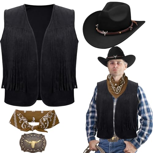 LYCN 4 Stück Cowboy Kostüm Herren, Western Fancy Dress Zubehör Karneval Cowboy Hippie Kostüm mit Fransenweste Hut Western Boloschnalle Gürtel Paisley Bandana für Karneval Fancing Cosplay von LYCN