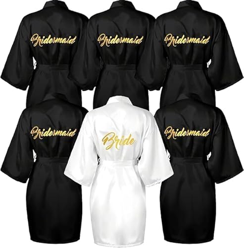 LYCN 6-teiliger Bride Bademantel Damen Brautdusche, Bademantel Morgenmantel Damen Satin Braut Bademantel Goldenem Stickerei für Braut Brautjungfer Geschenk Poolparty Pyjamaparty (5 Weiß 1 Schwarz) von LYCN