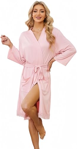LYCY Bademantel Damen leicht kurz Morgenmantel weich Spitze Hausmantel Loungewear 3/4 Ärmel (Hellrosa, M) von LYCY