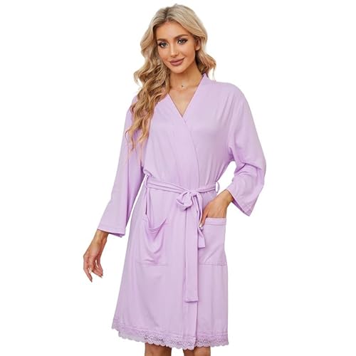 LYCY Bademantel Damen leicht kurz Morgenmantel weich Spitze Hausmantel Loungewear 3/4 Ärmel (Lavendel, M) von LYCY