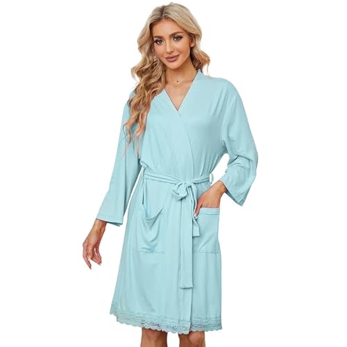 LYCY Bademantel Damen leicht kurz Morgenmantel weich Spitze Hausmantel Loungewear 3/4 Ärmel (Minze, S) von LYCY