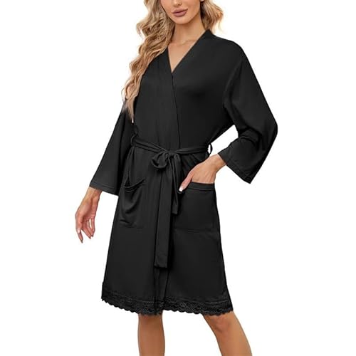 LYCY Bademantel Damen leicht kurz Morgenmantel weich Spitze Hausmantel Loungewear 3/4 Ärmel (Schwarz, S) von LYCY