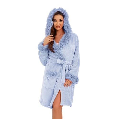 LYCY Damen Kapuzen Plüsch Bademantel kurz weich warm Fleece Morgenmantel Flauschig niedlich Spa Robe (Hellblau, L/XL) von LYCY
