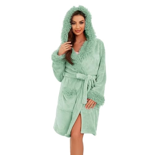 LYCY Damen Kapuzen Plüsch Bademantel kurz weich warm Fleece Morgenmantel Flauschig niedlich Spa Robe (Hellgrün, S/M) von LYCY