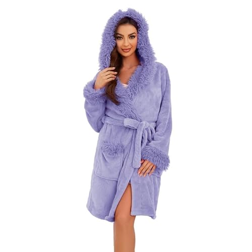 LYCY Damen Kapuzen Plüsch Bademantel kurz weich warm Fleece Morgenmantel Flauschig niedlich Spa Robe (Lavendel, S/M) von LYCY