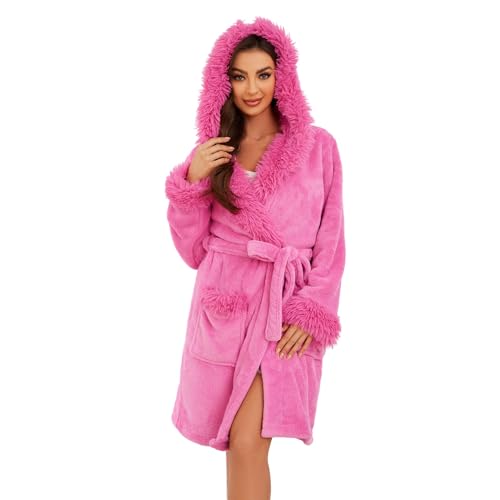 LYCY Damen Kapuzen Plüsch Bademantel kurz weich warm Fleece Morgenmantel Flauschig niedlich Spa Robe (Rosarot, L/XL) von LYCY