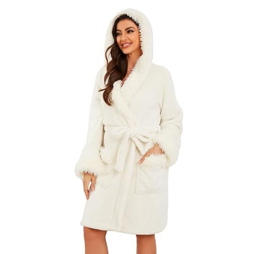 LYCY Damen Kapuzen Plüsch Bademantel kurz weich warm Fleece Morgenmantel Flauschig niedlich Spa Robe (Weiß, S/M) von LYCY