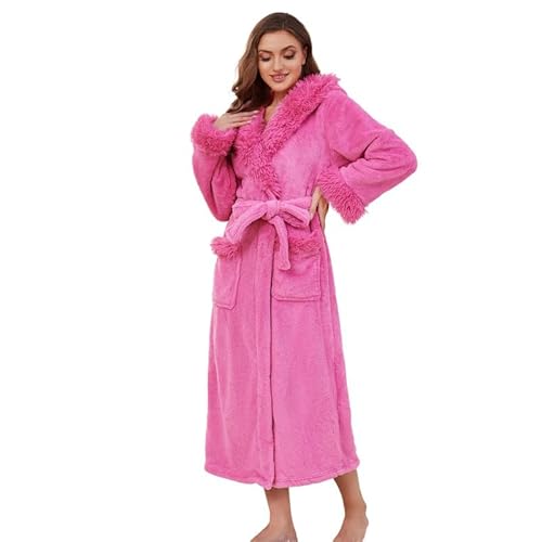 LYCY Damen Kapuzen Plüsch Bademantel lang, flauschiger Rand Bademantel weiche warme Fleece für Frauen flauschig niedlich Spa Robe (Rosarot, S/M) von LYCY