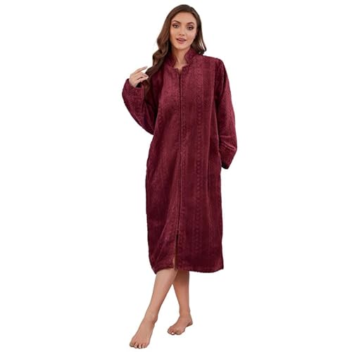 LYCY Damen Plüsch Reißverschluss Bademantel flauschig langer Fleece Morgenantel warm bequem Hausmantel mit Taschen (Burgunderrot, 2XL/3XL) von LYCY