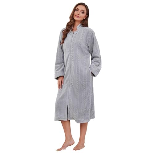 LYCY Damen Plüsch Reißverschluss Bademantel flauschig langer Fleece Morgenantel warm bequem Hausmantel mit Taschen (Hellgrau, L/XL) von LYCY