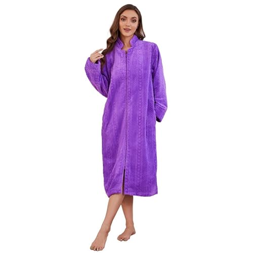 LYCY Damen Plüsch Reißverschluss Bademantel flauschig langer Fleece Morgenantel warm bequem Hausmantel mit Taschen (Violett, S/M) von LYCY