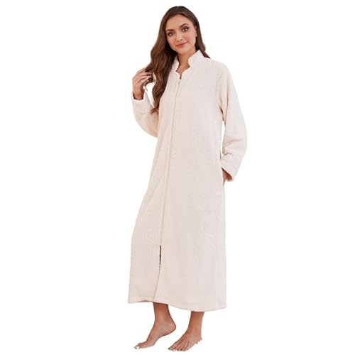 LYCY Damen Plüsch Reißverschluss Bademantel flauschig langer Fleece Morgenantel warm bequem Hausmantel mit Taschen (Weiß, S/M) von LYCY