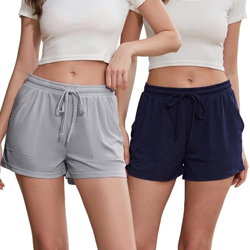 LYCY Pyjamahose Damen kurz Schlafhose kurze Schlafanzughose leicht Sommer Freizeithose Pyjama Hose (2er- und 3er-Pack) (Marineblau+Hellgrau, L) von LYCY