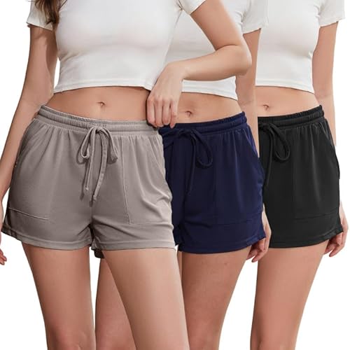 LYCY Pyjamahose Damen kurz Schlafhose kurze Schlafanzughose leicht Sommer Freizeithose Pyjama Hose (2er- und 3er-Pack) (Schwarz+Dunkelkhaki+Marineblau, L) von LYCY