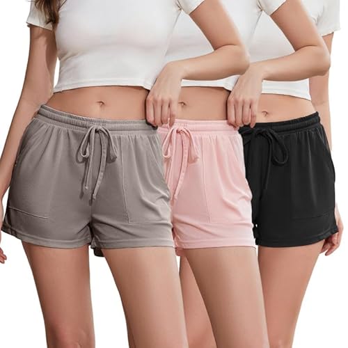 LYCY Pyjamahose Damen kurz Schlafhose kurze Schlafanzughose leicht Sommer Freizeithose Pyjama Hose (2er- und 3er-Pack) (Schwarz+Dunkelkhaki+Schmutzigrosa, XL) von LYCY