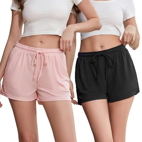 LYCY Pyjamahose Damen kurz Schlafhose kurze Schlafanzughose leicht Sommer Freizeithose Pyjama Hose (2er- und 3er-Pack) (Schwarz+Schmutzigrosa, L) von LYCY