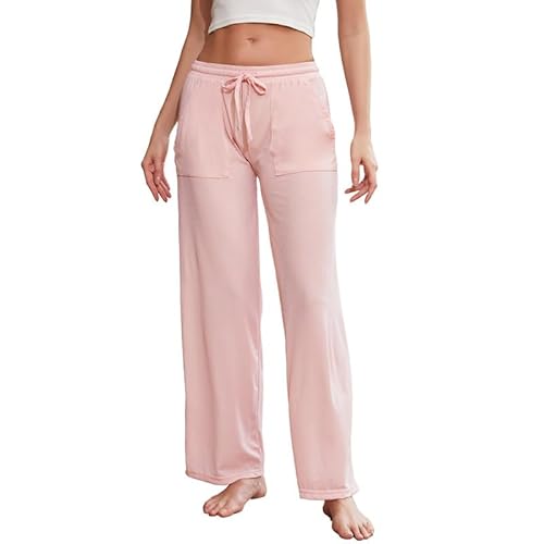 LYCY Pyjamahose Damen lang weiche Schlafanzughose mit weitem Bein Schlafhose Stretch Freizeithose mit Taschen (Schmutzigrosa, M) von LYCY