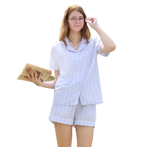 LYCY Schlafanzug Damen kurz 100% Baumwolle Shorty Pyjama Sommer Set kariert leichte Nachtwäsche (Blau-Grün Gestreift, S) von LYCY