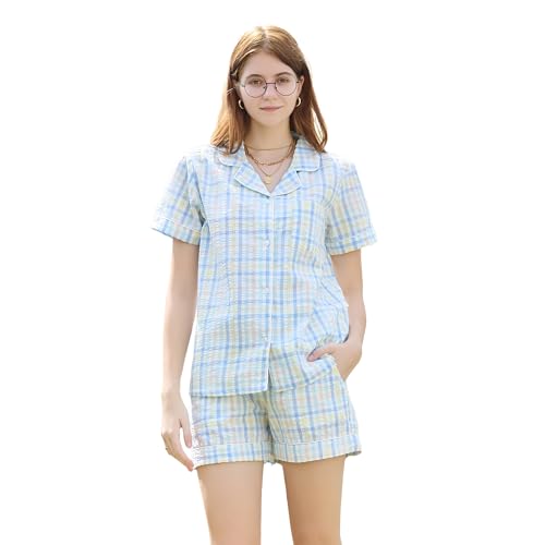 LYCY Schlafanzug Damen kurz 100% Baumwolle Shorty Pyjama Sommer Set kariert leichte Nachtwäsche (Blau-Grün Kariert, S) von LYCY
