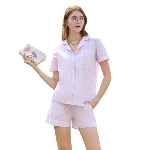 LYCY Schlafanzug Damen kurz 100% Baumwolle Shorty Pyjama Sommer Set kariert leichte Nachtwäsche (Rosa-Grün Gestreift, L) von LYCY