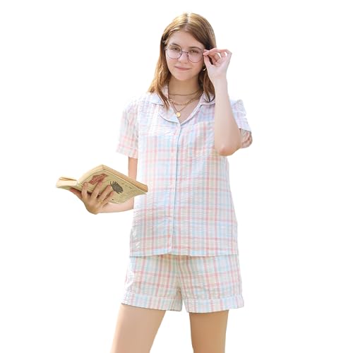 LYCY Schlafanzug Damen kurz 100% Baumwolle Shorty Pyjama Sommer Set kariert leichte Nachtwäsche (Rosa-Grün Kariert, L) von LYCY