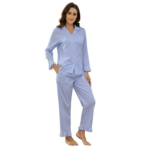 LYCY Schlafanzug Damen lang 100% Baumwolle, Pyjama Damen lang Set Schlafanzug Langarm zum Knöpfen leicht süß weich Baumwoll Pyjama Nachtwäsche (Azurblau, L) von LYCY