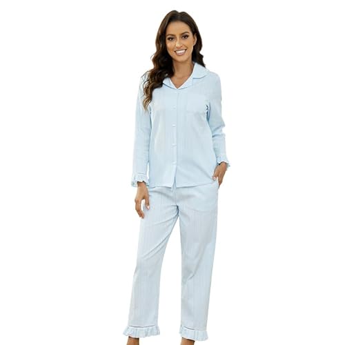 LYCY Schlafanzug Damen lang 100% Baumwolle, Pyjama Damen lang Set Schlafanzug Langarm zum Knöpfen leicht süß weich Baumwoll Pyjama Nachtwäsche (Hellblau, L) von LYCY