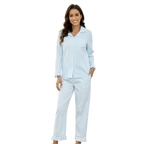 LYCY Schlafanzug Damen lang 100% Baumwolle, Pyjama Damen lang Set Schlafanzug Langarm zum Knöpfen leicht süß weich Baumwoll Pyjama Nachtwäsche (Hellblau, XL) von LYCY