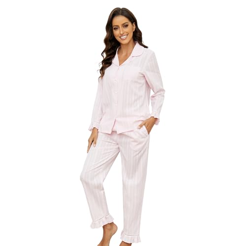 LYCY Schlafanzug Damen lang 100% Baumwolle, Pyjama Damen lang Set Schlafanzug Langarm zum Knöpfen leicht süß weich Baumwoll Pyjama Nachtwäsche (Hellrosa, L) von LYCY